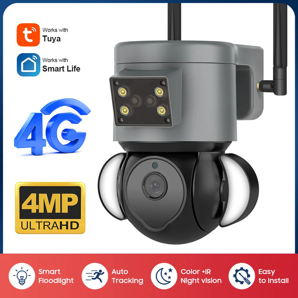 4mp tuya smartlife 4G sim card Network Camera Outside Wireless Solar 4G Smart Alarm PTZ Camera