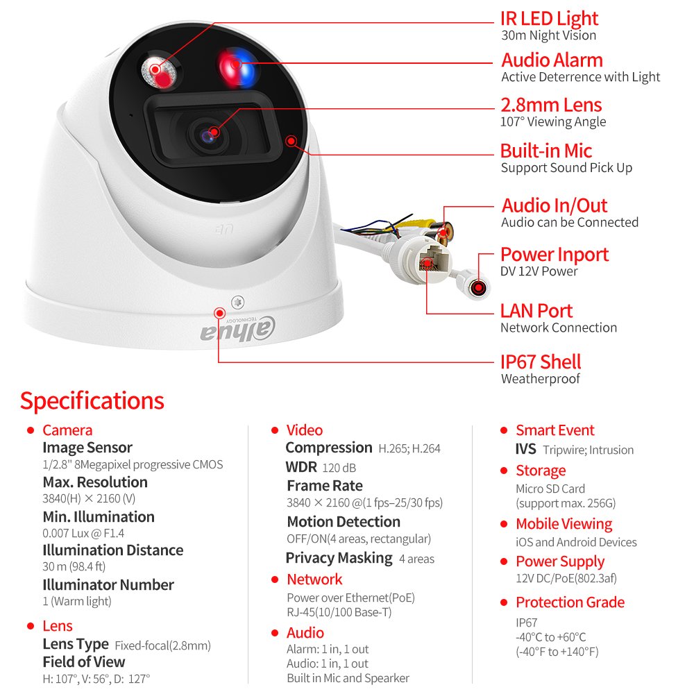 Stock Smart Dual Illumination 4MP Full Color Motion Detection Face Recognition Fixed Focal Eyeball WizSense POE Dahua Camera