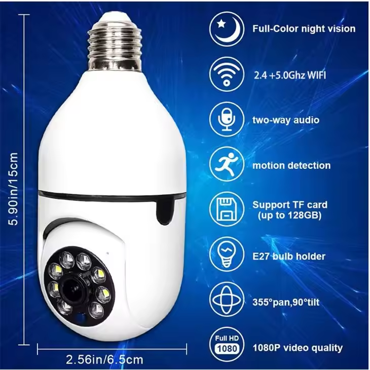 5GHZ 360 Panoramic Wifi HD Night Vision ip Surveil Mini Surveillance Home Security Wireless Light Bulb PTZ Network CCTV Camera