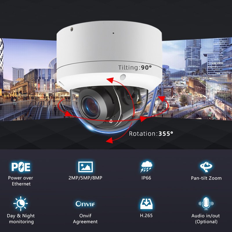 8MP 5X Zoom PTZ IP POE Camera Long Range waterproof IR 4K Indoor Outdoor CCTV Security Network Camera Dome