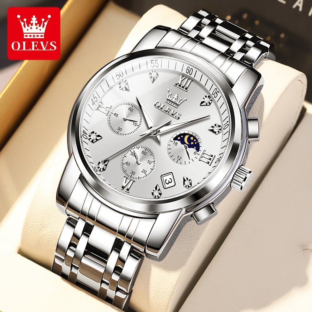 Men Watch OLEVS 2858 Business Multi Time Zone Wristwatch Waterproof Feature Analog Date Watch Stainless Steel Quartz Watch