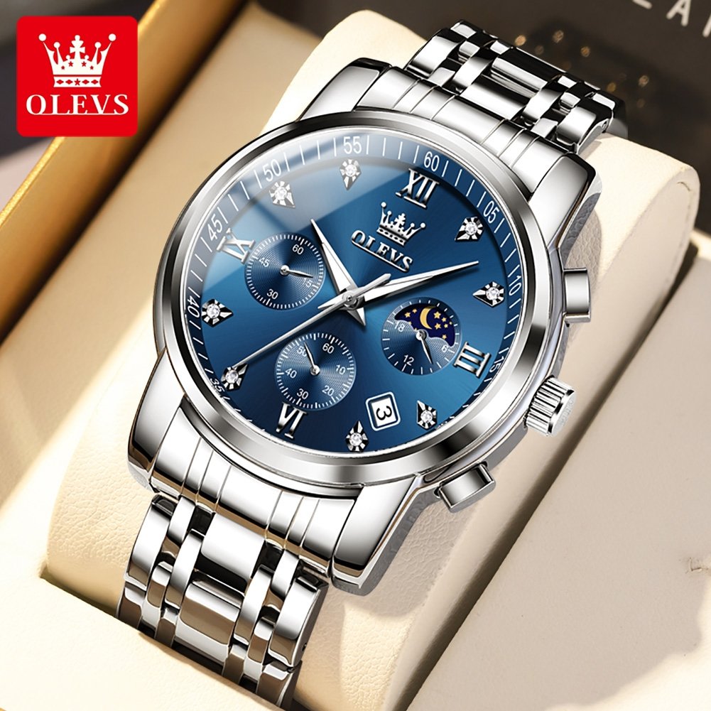 Men Watch OLEVS 2858 Business Multi Time Zone Wristwatch Waterproof Feature Analog Date Watch Stainless Steel Quartz Watch