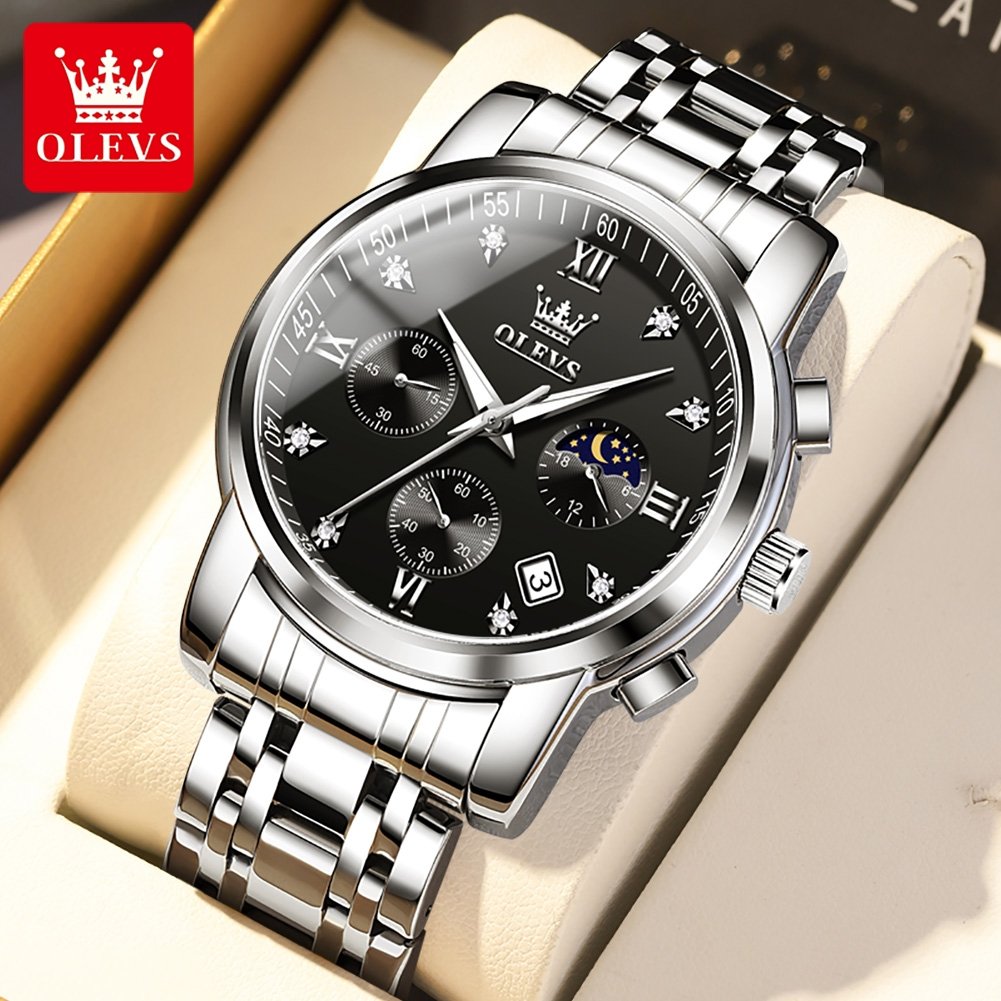 Men Watch OLEVS 2858 Business Multi Time Zone Wristwatch Waterproof Feature Analog Date Watch Stainless Steel Quartz Watch