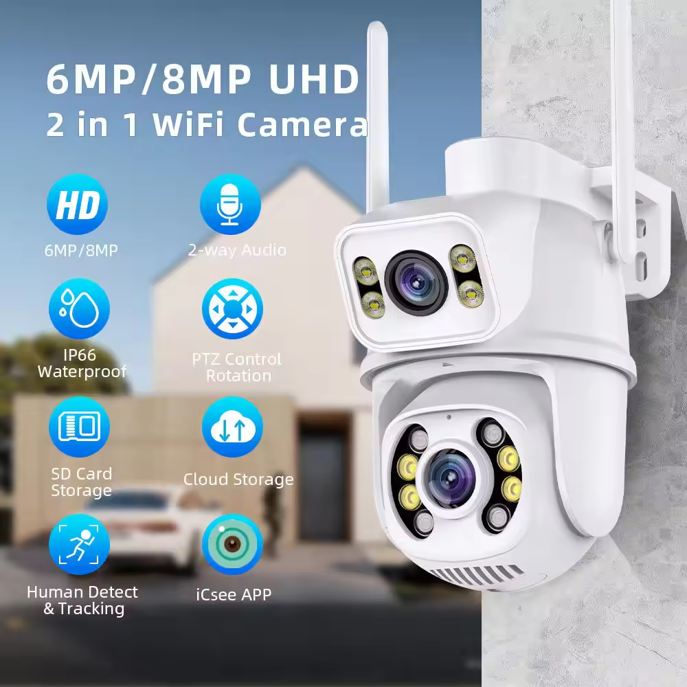 6MP Outdoor Dual Lens Wireless ip Camera cctv Wifi dual ball machine linkage Camera 4K Dual Lens ptz Network Camera