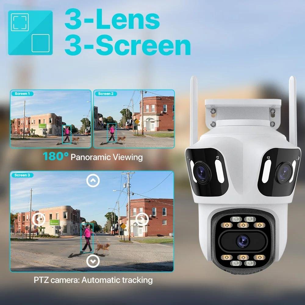 iCsee 8MP 4K Three-Lens Three-Screen Wifi IP Cctv Camera Human Detection Outdoor Waterproof Surveillance Ptz Network Camera
