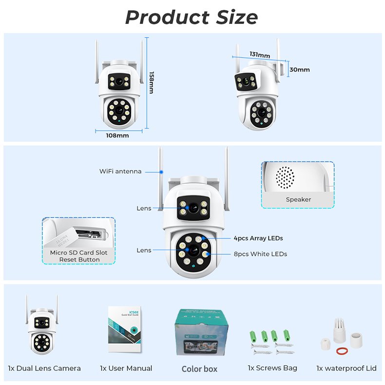 Vesafe ICSEE 4K 8MP PTZ Wifi Camera Dual Lens Ai Human Detect Auto Tracking Outdoor Wireless Surveillance Network Camera