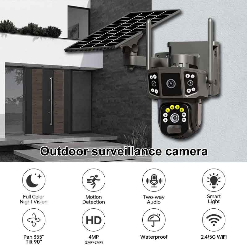Factory price 4MP HD 4G WIFI Dual lens CCTV Camera Motion Detect Solar PTZ Sim Card Low-Power Battery Network Camera
