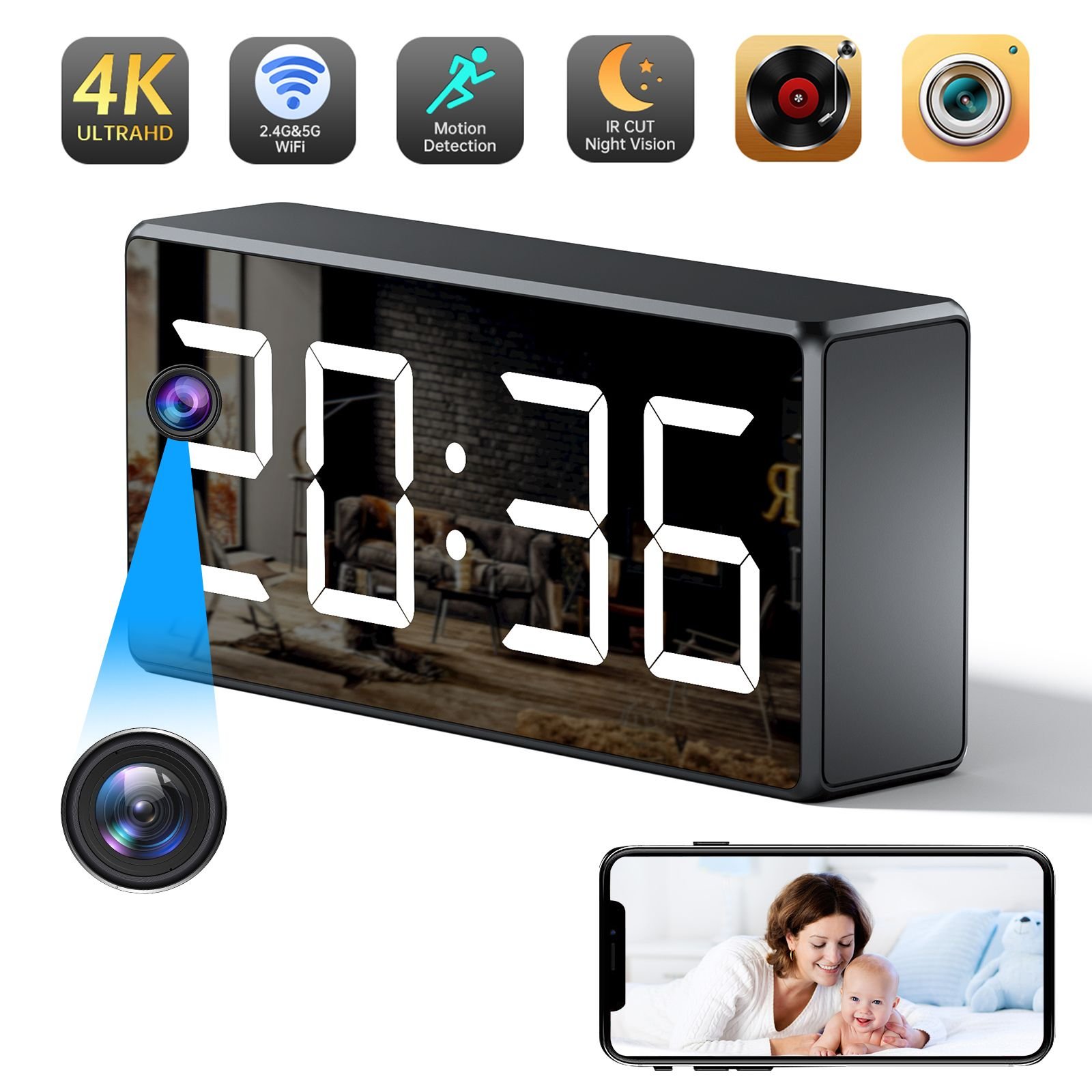 2MP 2.4G/5G WIFI security ip camera wireless built-in battery powered WIFI surveillance camera mini WIFI clock camera