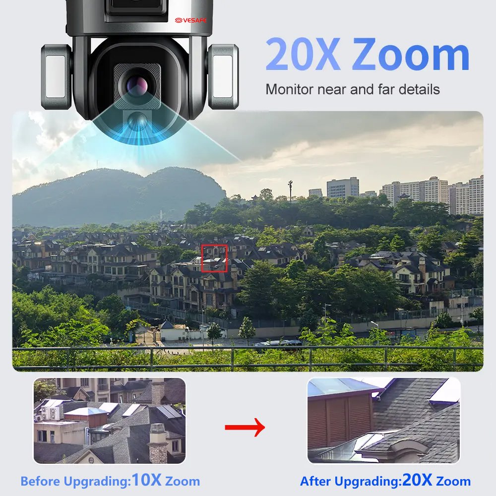 Vesafe 4K Dual Lens Solar Camera Sim Card 20X Zoom Outdoor Night Vision Two Way Audio Solar PTZ Dome Camera Black H.265 ABS CMOS