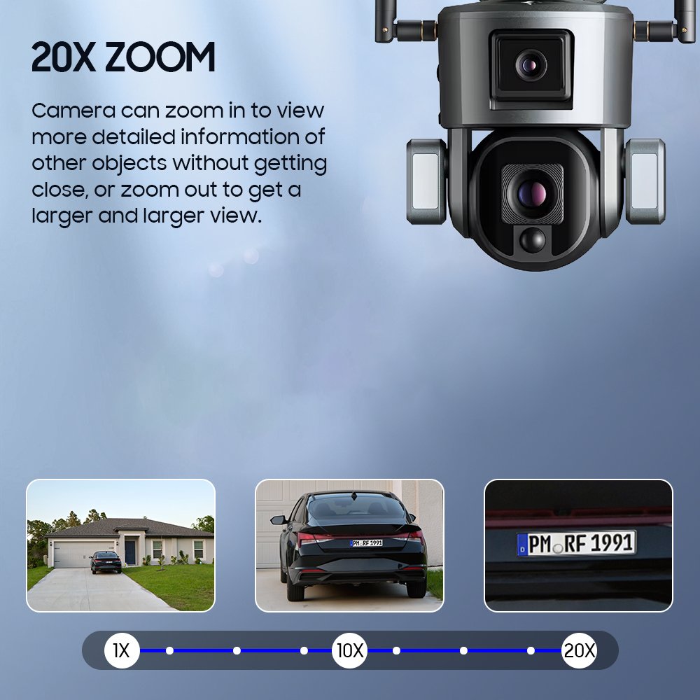 Vesafe 4K Dual Lens Solar Camera Sim Card 20X Zoom Outdoor Night Vision Two Way Audio Solar PTZ Dome Camera Black H.265 ABS CMOS