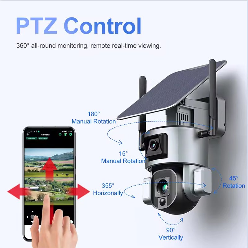 Vesafe 4K Dual Lens Solar Camera Sim Card 20X Zoom Outdoor Night Vision Two Way Audio Solar PTZ Dome Camera Black H.265 ABS CMOS