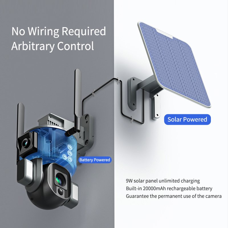 Vesafe 4K Dual Lens Solar Camera Sim Card 20X Zoom Outdoor Night Vision Two Way Audio Solar PTZ Dome Camera Black H.265 ABS CMOS
