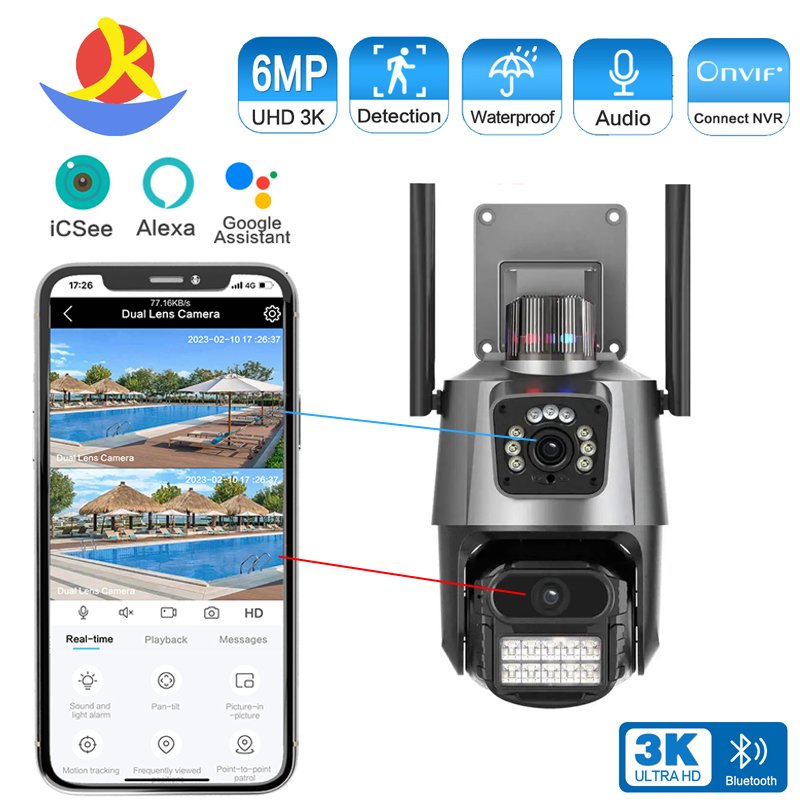 H.265Ai 6Mp Indoor Dual Lens Dome Wifi Camera 360 Degree Icsee Webcam Night Vision Gun And Ball Wireless Cctv Ptz Network Camera