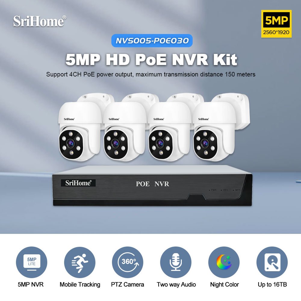 Srihome HD 8CH 5MP PoE NVR Kit Home Security Camera System Outdoor IP Camera Network Video Recorder Smart Camera Intelligence