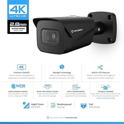 Wakiya 4K (8MP) IP POE Camera, 98ft NightVision, 2.8mm Lens, IP67 Weatherproof, 256GB MicroSD Recording, Black (IP8M-2496EB-V2)