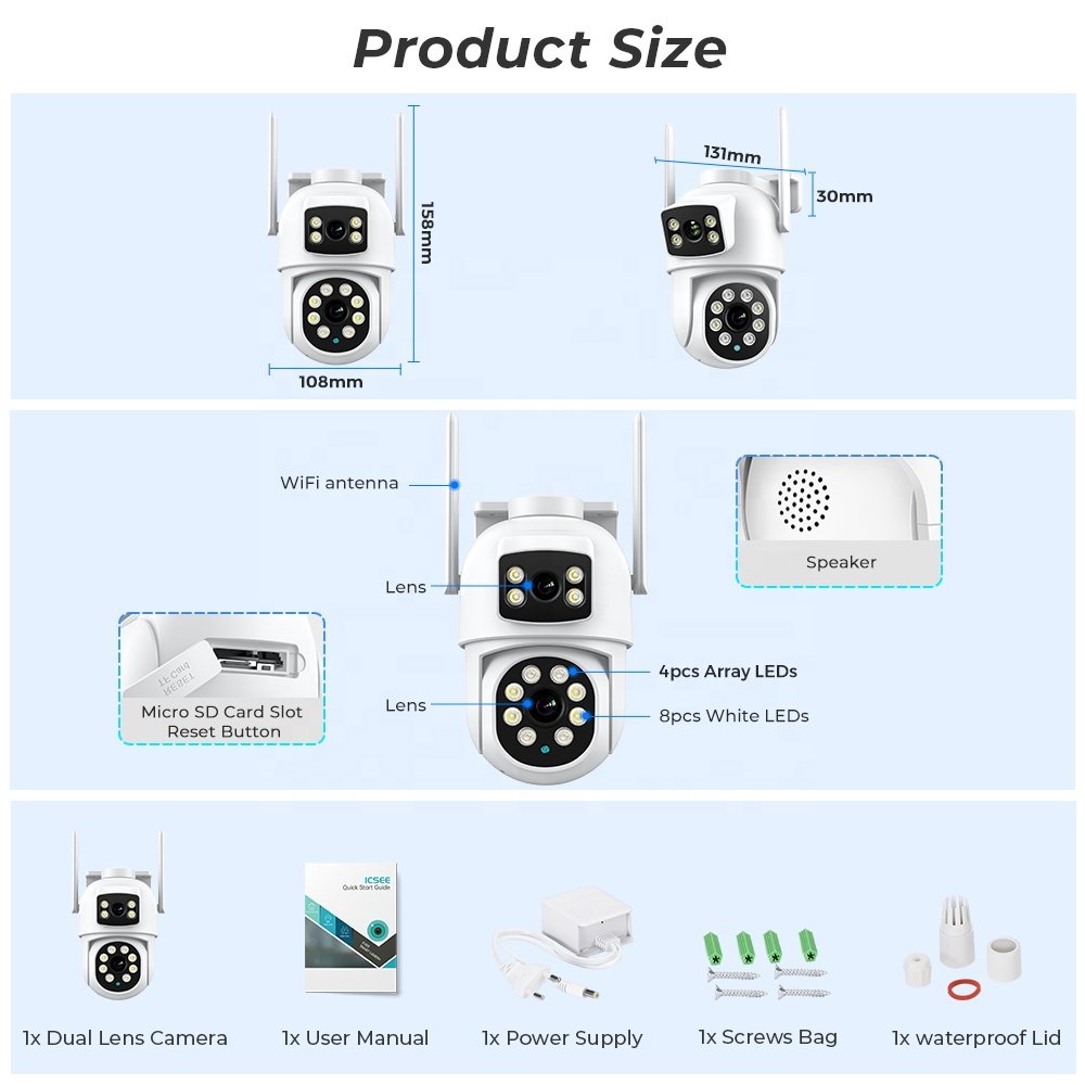 4MP2K PTZ Camera Dual Lens Dual Screen Wireless Outdoor IP Camera AI Human Detection P2P Video Surveillance WIFI Security Camera