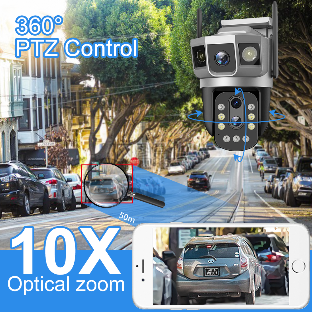 V380PRO 10X Optical zoom Surveillance Outdoor Security Camera Alarm Linkage Dual Lens CCTV WiFi solar PTZ camera