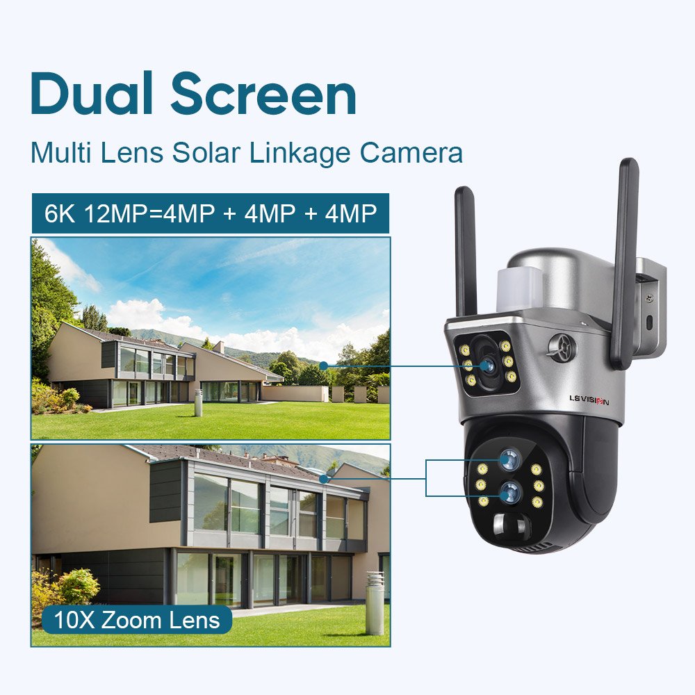 LS VISION 6K WiFi Solar Camera Outdoor Wireless CCTV Surveillance Camera With Solar Panel Three Lens IP Cam Security Protection