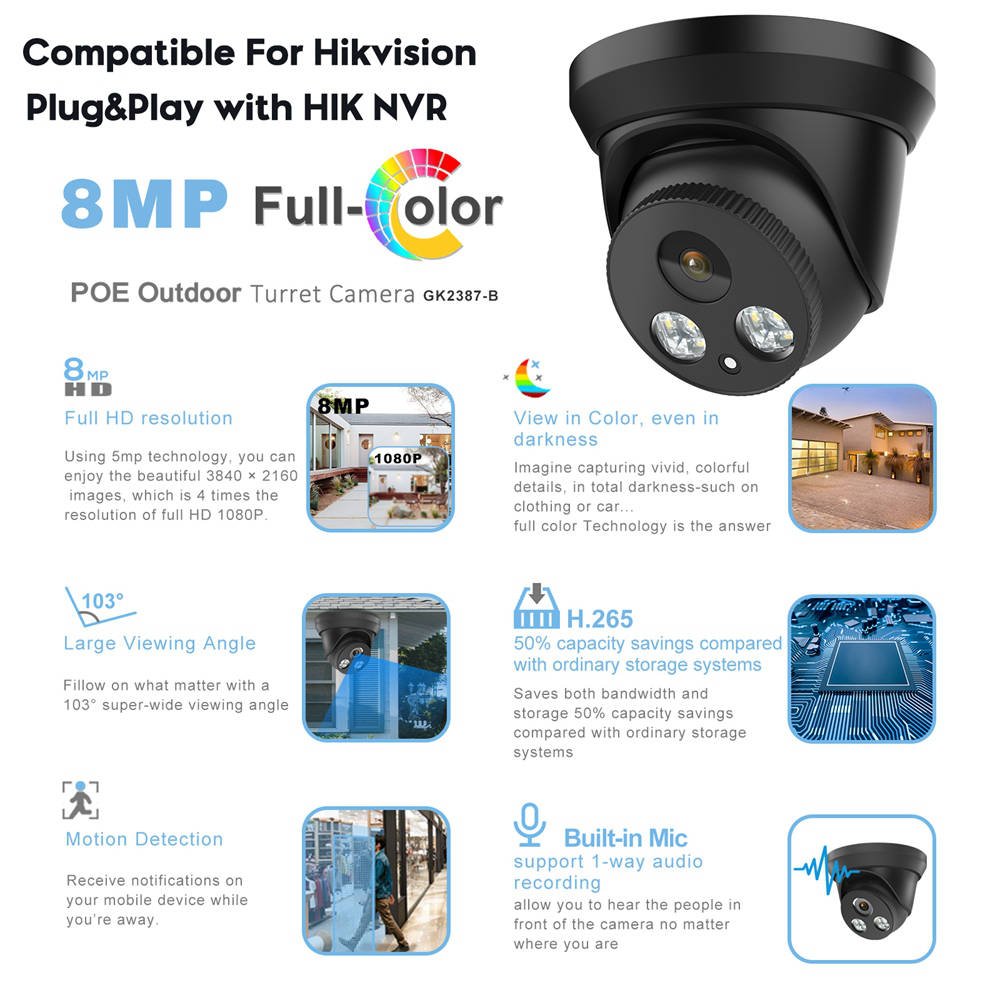 PG2387C OEM Hik IR Night Vision 8mp 4k Poe Motion Detection cctv camera Security CCTV Network Camera Compatible Hikvison NVR