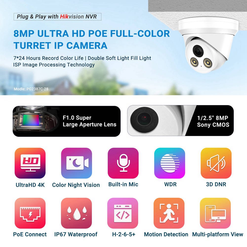 PG2387C OEM Hik IR Night Vision 8mp 4k Poe Motion Detection cctv camera Security CCTV Network Camera Compatible Hikvison NVR