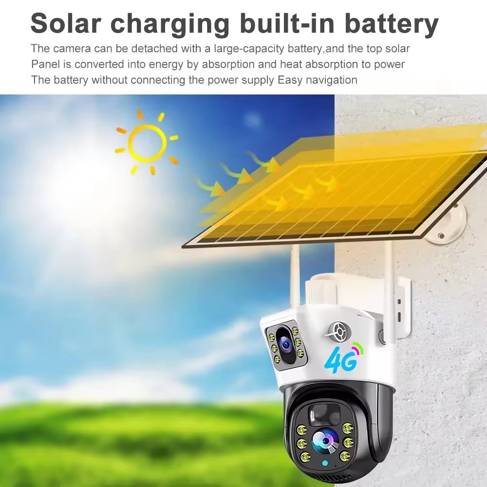 KERUI Dual Lens Network Camera 4MP Wifi Camera Solar Panel Outdoor Surveillance V380 Pro App 4G Solar PTZ IP Camera CCTV