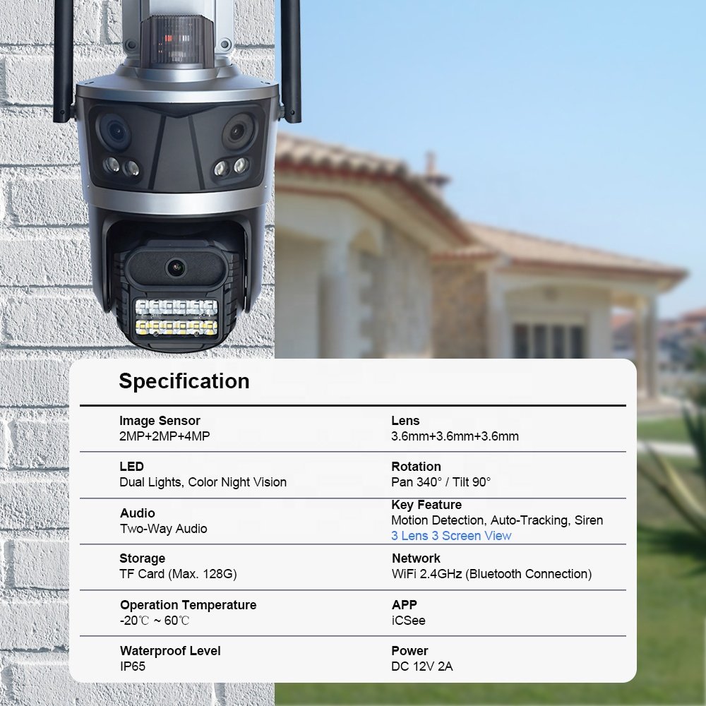 Three Screen AI Wireless WiFi CCTV Camera 2MP 4MP 8MP Dual Triple Lens iCSee PTZ Network Security Camera for Home Construction