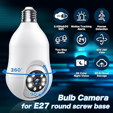 2.4&5G Wireless Security CCTV Camera E27 Led Bulb Lamp Holder Outdoor and Indoor