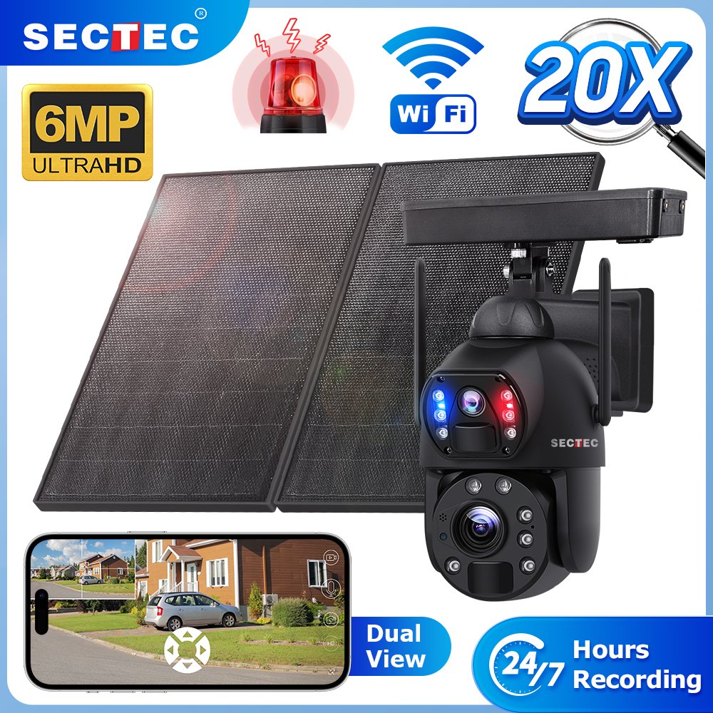 Sectec 20W Solar Panel 20X Zoom Dual Lens HD 6MP Smart Solar Camera Outdoor Panoramic Ptz IP Speed Wifi Security Solar Camera