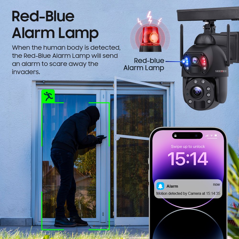 Sectec 20W Solar Panel 20X Zoom Dual Lens HD 6MP Smart Solar Camera Outdoor Panoramic Ptz IP Speed Wifi Security Solar Camera
