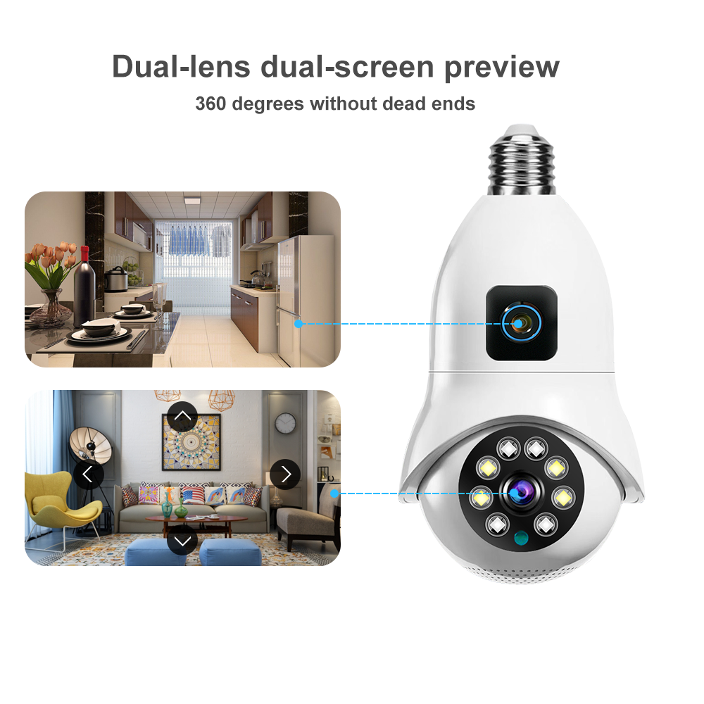 New Arrival Dual Lens Wireless Light Bulb PTZ Camera 360 Degree Auto Tracking Panoramic E27 Socket Lamp Security Camera V380 pro