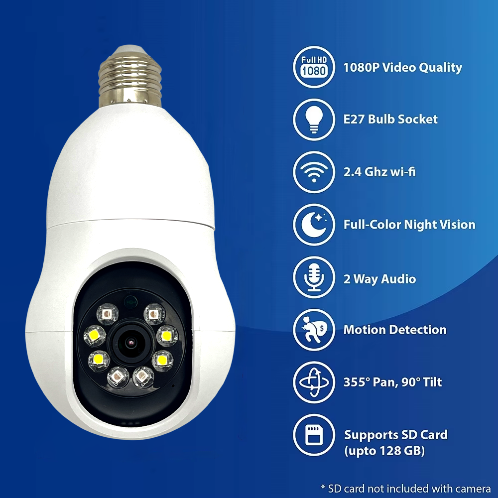 1080P 2MP Suniseepro Indoor Wide View Two Way Speak Moving Detecting Tracking 360 PTZ Wireless Wifi Bulb Security Camera