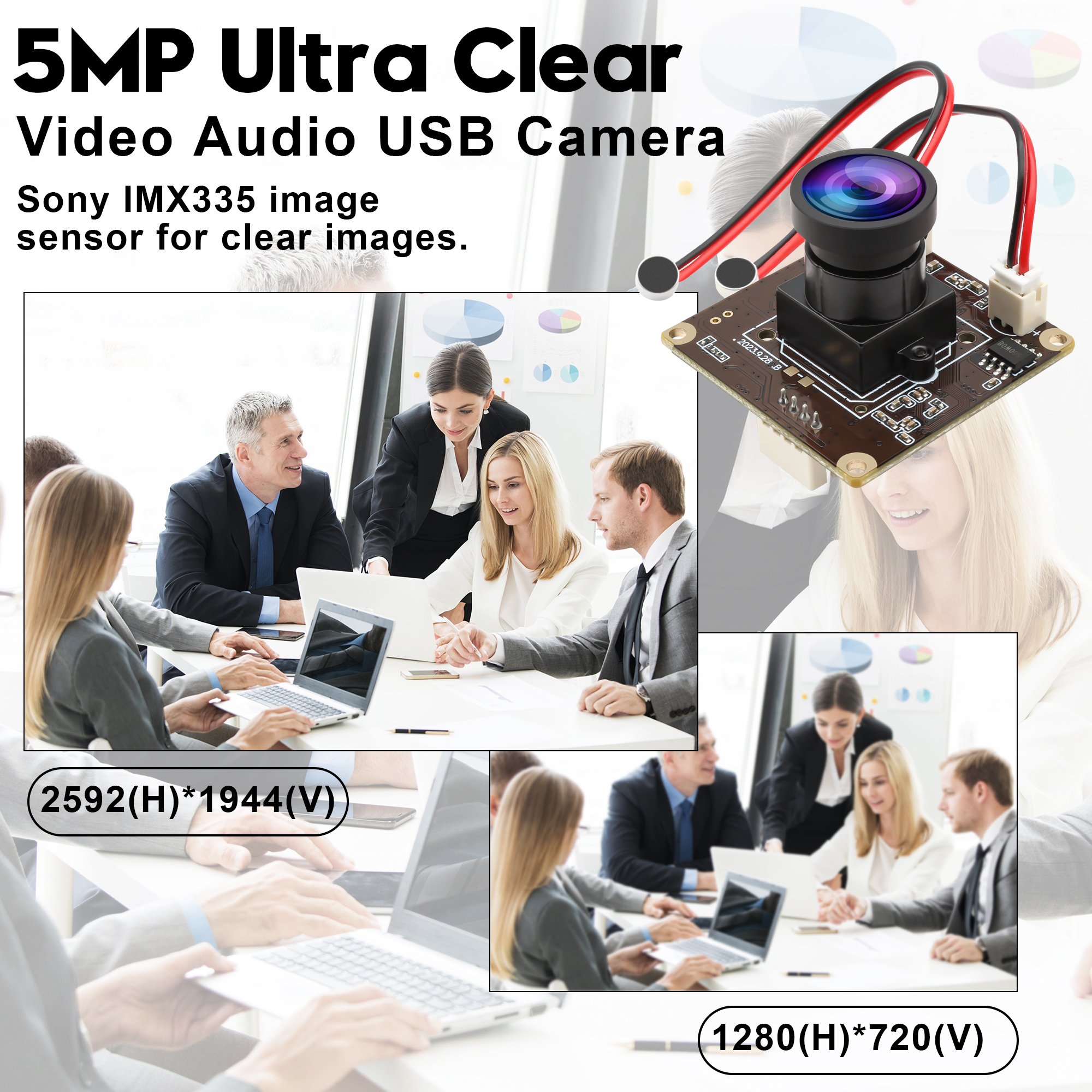 ELP 5MP Microphones USB Camera 120 Degree No Distortion Lens Wide Angle 30fps IMX335 Webcam Mini Camera for Meeting Teaching