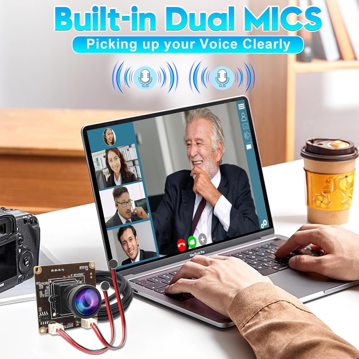 ELP 5MP Microphones USB Camera 120 Degree No Distortion Lens Wide Angle 30fps IMX335 Webcam Mini Camera for Meeting Teaching