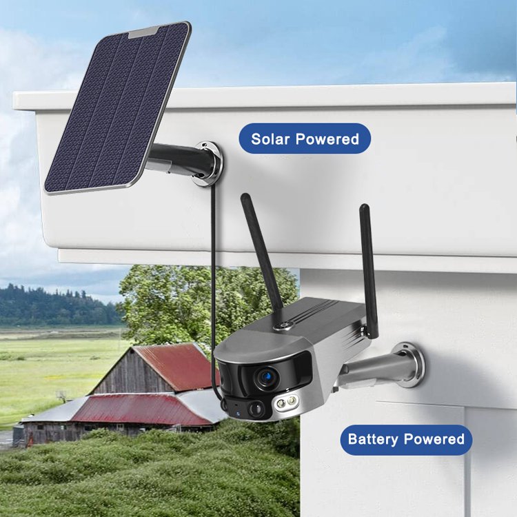 Super Wide-angle Solar Network Camera 4G Dual Lens 8MP 180 Degree Wifi Camera Indoor H.265 Wi-fi Solar Camera on Sale