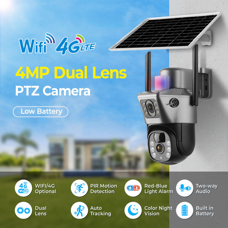 Full HD 4MP wireless network intelligent solar energy alert ptz camera outdoor farm 4g lte v380 wifi solar dual cameras
