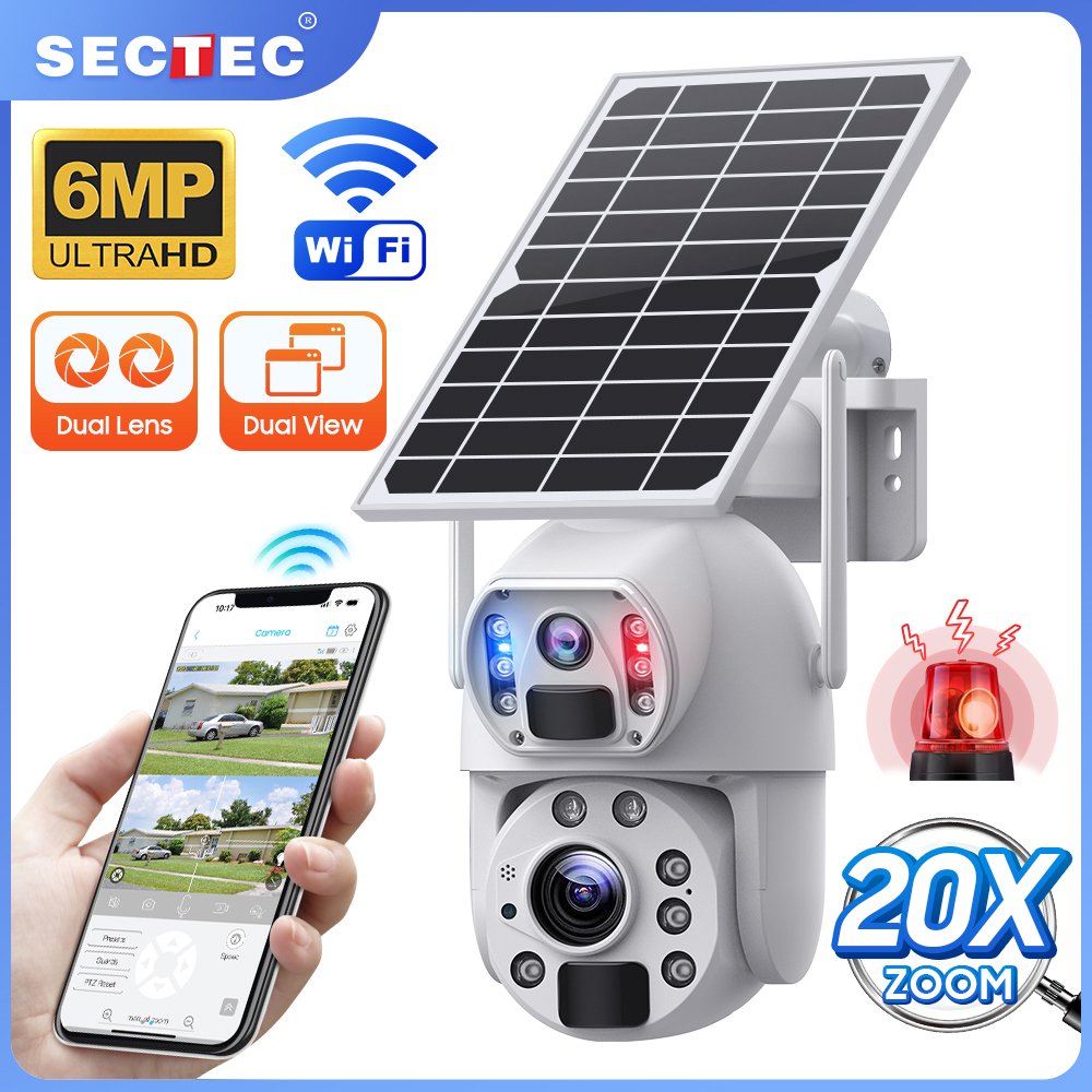 2024 Sectec 3K HD 20X Zoom Dual Lens 6MP 4G Solar Camera Security System Outdoor Ptz WiFi IP Network Camera