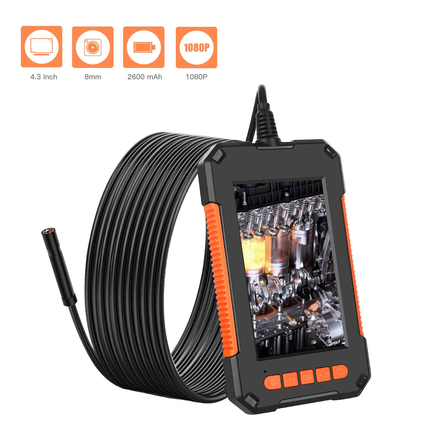 Factory stock 5m portable 2.0mp waterproof inspection borescope camera 1080P HD TFT IPS 4.3 inch LCD Screen endoscope