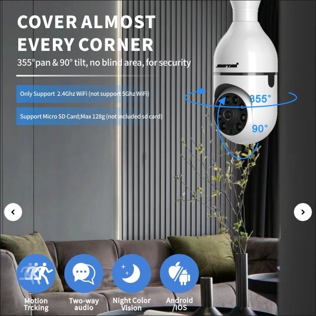 Jortan Hot Sell E27 Wireless IP Camera Wifi 1080P Panoramic Lamp PTZ Home H.265 Indoor Camera with Screen E27 Bulb Holder CMOS