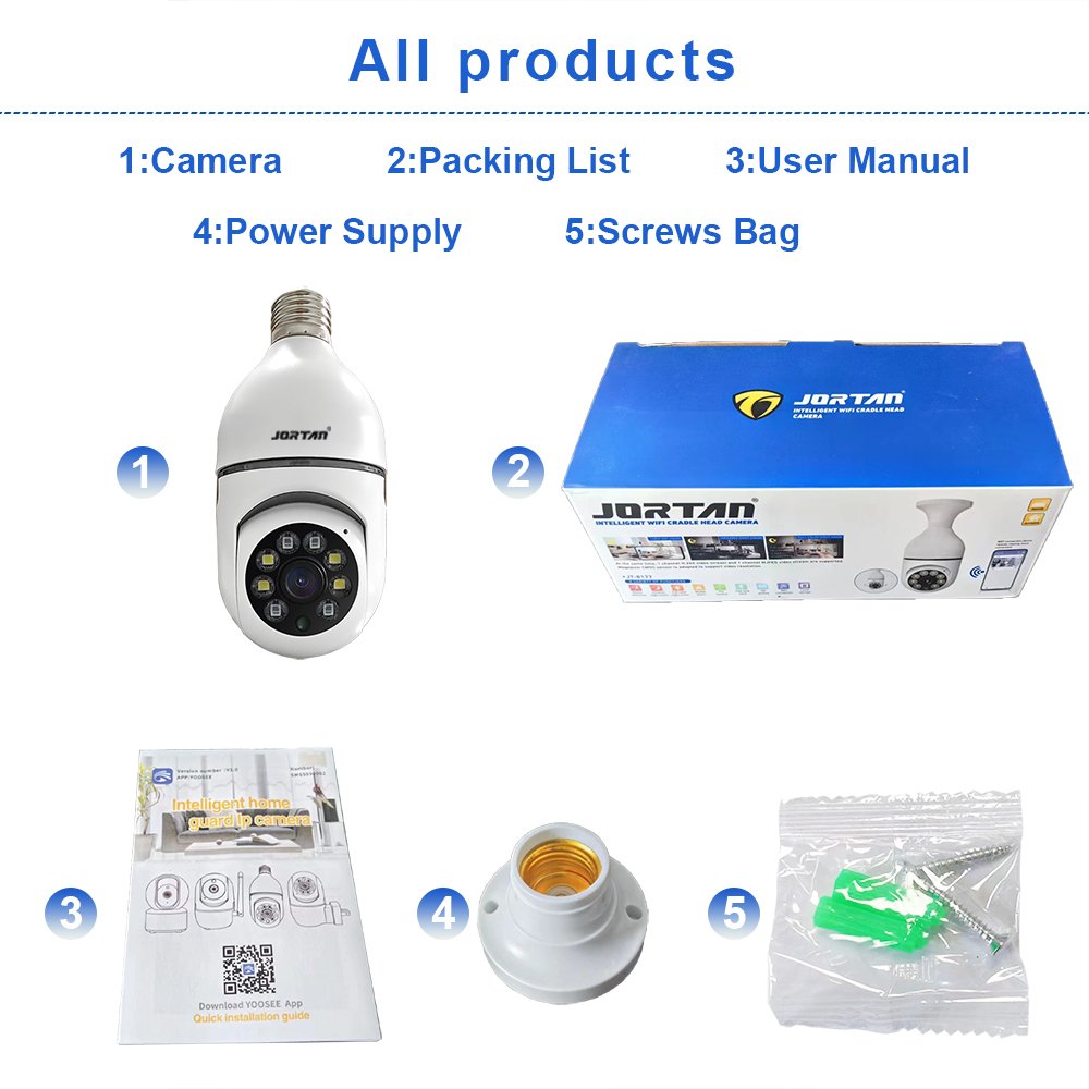 Jortan Hot Sell E27 Wireless IP Camera Wifi 1080P Panoramic Lamp PTZ Home H.265 Indoor Camera with Screen E27 Bulb Holder CMOS