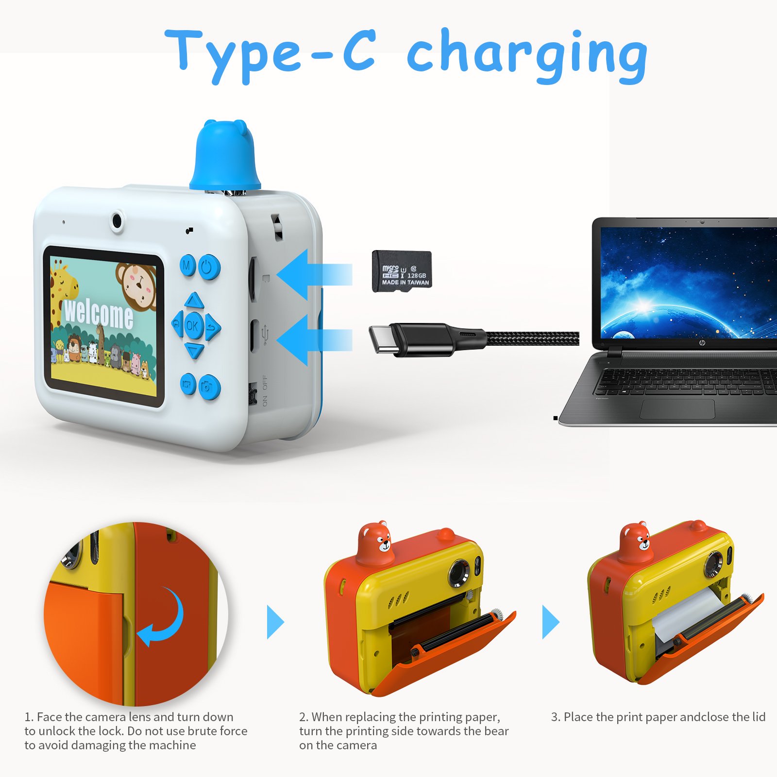 2.4 Inches Mini Camera 1080P Cartoon Instant Kids Camera With Printer Photo Toy Camera
