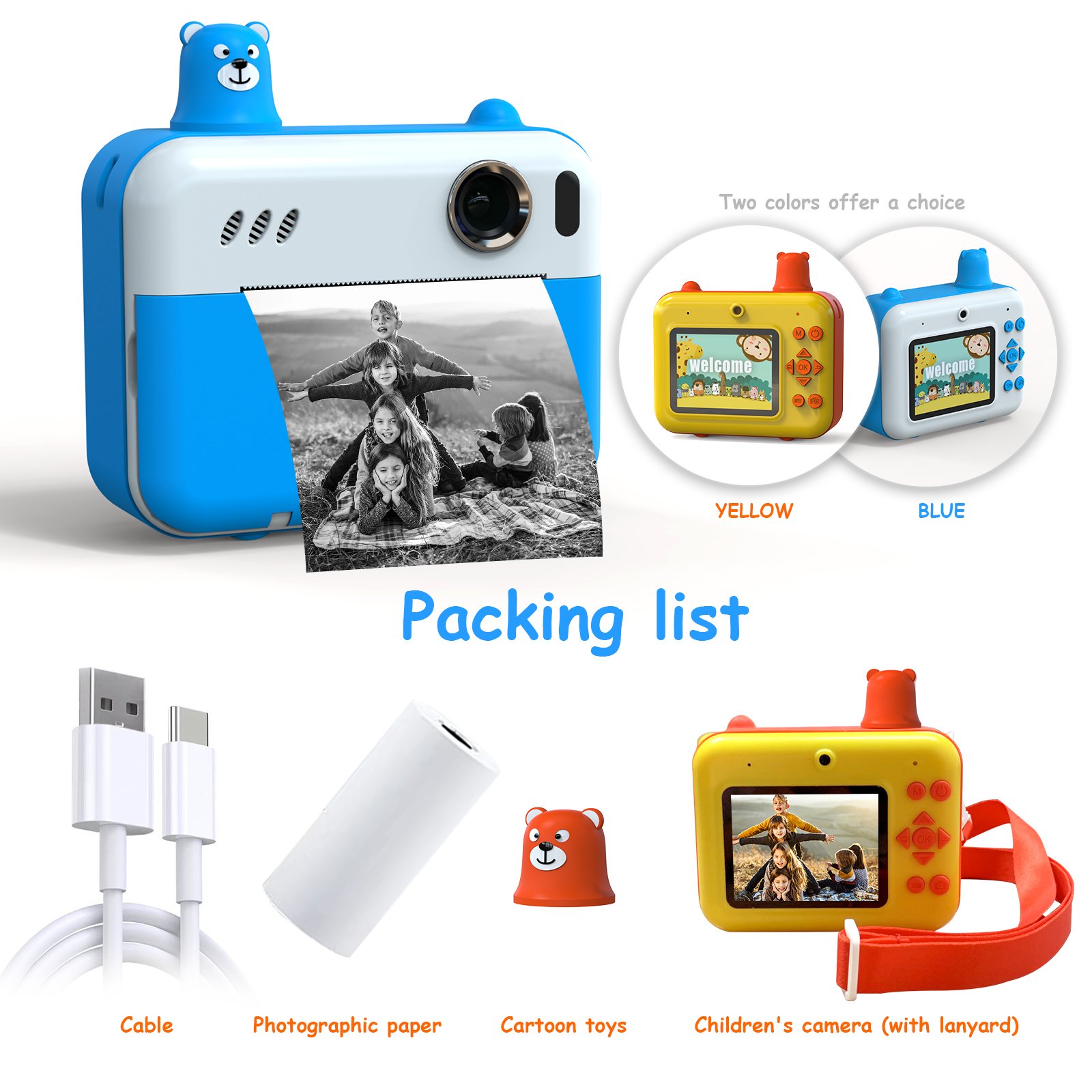 2.4 Inches Mini Camera 1080P Cartoon Instant Kids Camera With Printer Photo Toy Camera