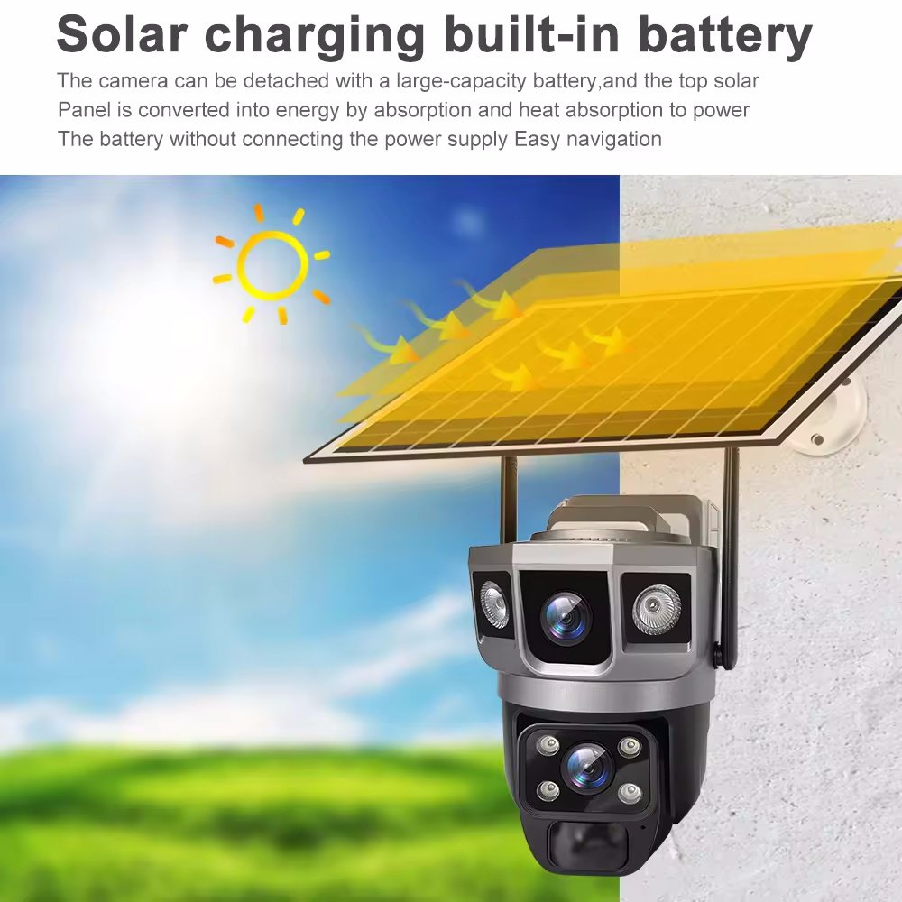 V380 Dual Lens 3 Screens Outdoor Solar Panel Network Wifi Solar CCTV Camera WIFI 2MP+2MP Night Vision Ptz Dome IP Solar Camera