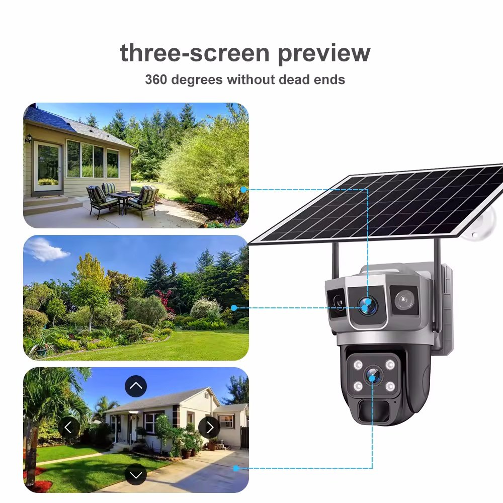 V380 Dual Lens 3 Screens Outdoor Solar Panel Network Wifi Solar CCTV Camera WIFI 2MP+2MP Night Vision Ptz Dome IP Solar Camera