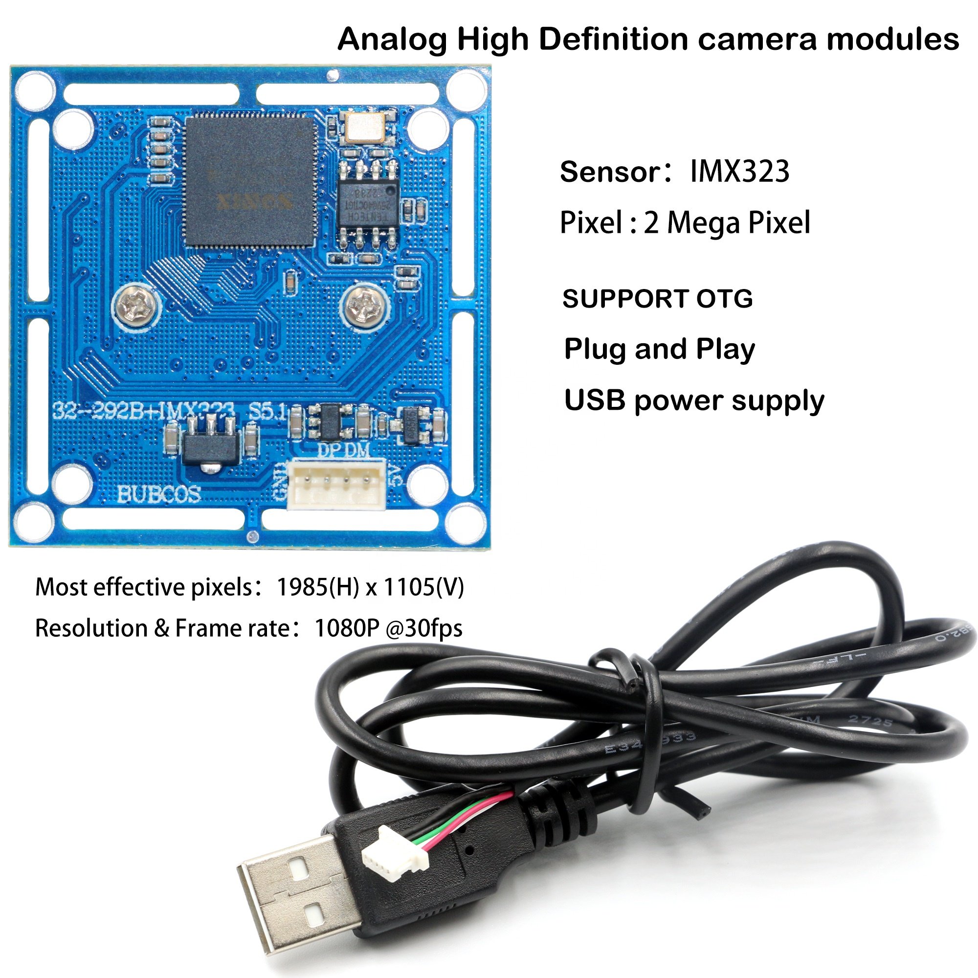Low Light 2MP IMX323 WDR H.264 RGB CMOS Sensor Camera Module 1080P 30FPS Wide-angle lens UVC USB Mini Camera Module OEM