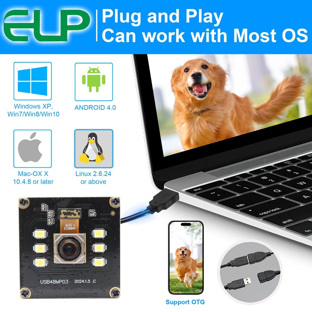 ELP OEM UVC Driver Free 48MP Autofocus HD PC Webcam 8000x6000P 30fps 4K 8K Night Vision Auto Focus Mini Camera With White LED