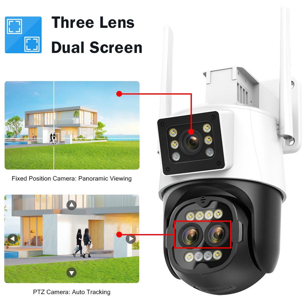 ICSEE Mobile APP 8x Digital Zoom 6MP Ptz Motion Tracking Home Security Linkage 3 Lens Outdoor WIFI Camera ICSEE Mobile APP