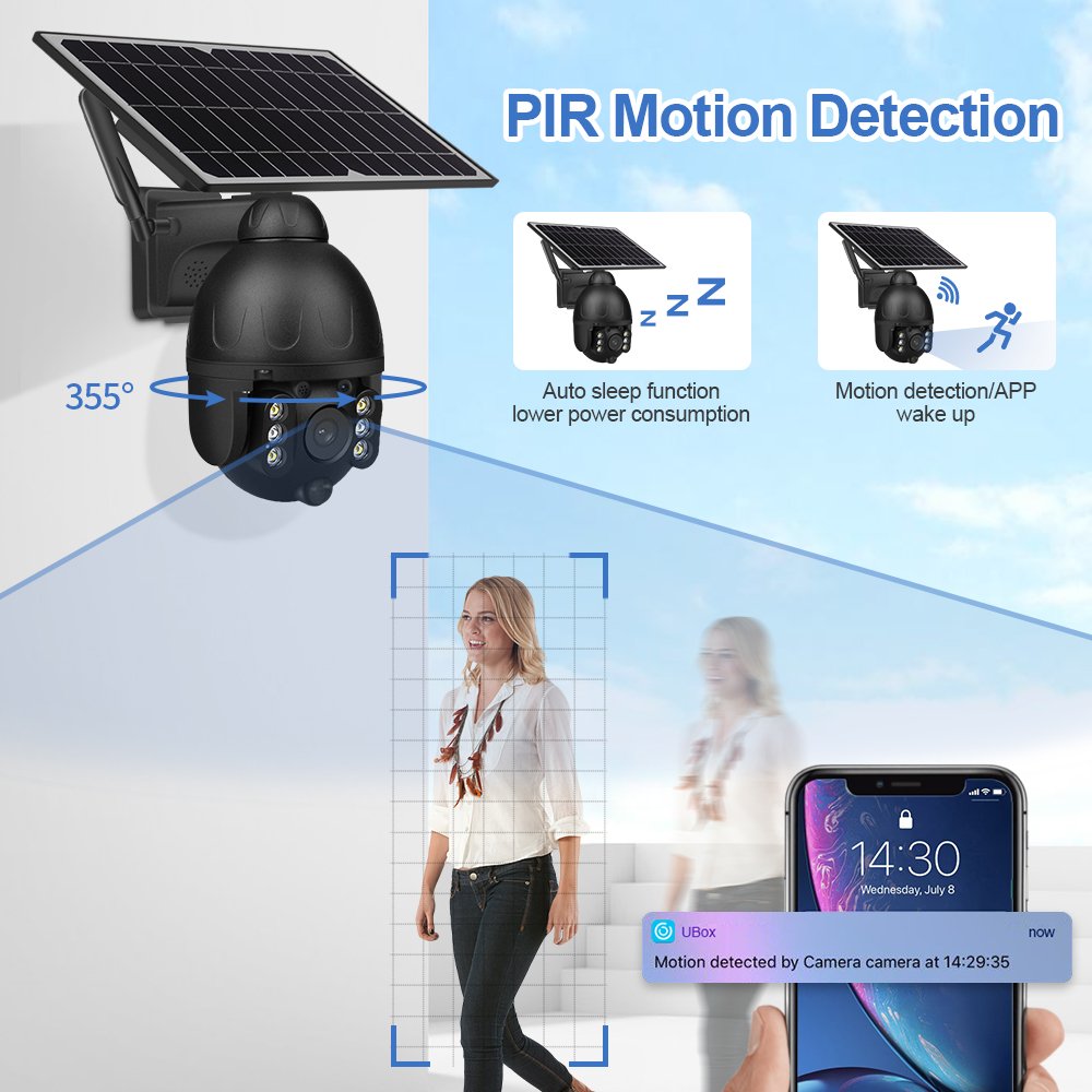 IP67 HD Solar Battery Powered 3MP PTZ Floodlight Camera Night Vision 4G Alarm Lens Options Cloud SD Card Data Storage Home