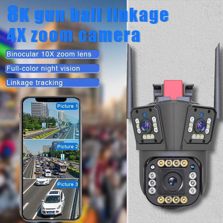 4K Three Camera Lenses Zoom Support RJ45 Interface Security Camera 360 Degrees IP66 Waterproof IP Network WIFI Wireless Camera