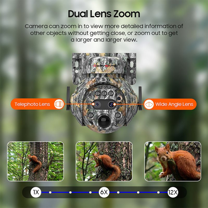 WERYSAFE 6mp 12X WIFI Dual Lens Outdoor Camouflage Shoot Hunting Network Camera Hunter Trail 4G Solar Battery PTZ Camera