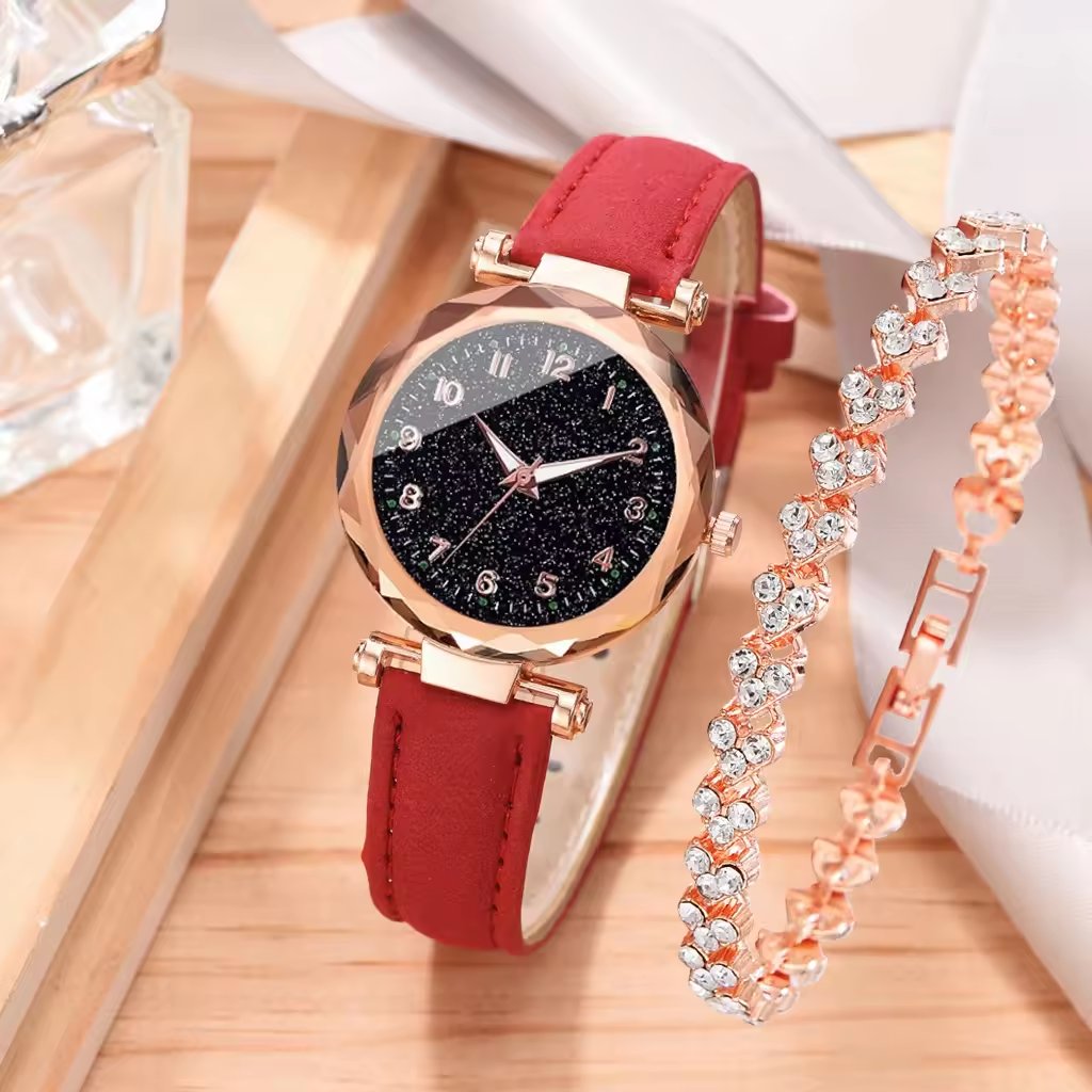 2pcs/set Women's Chronograph Quartz Watch Lady Fashion Wrist Watch Luxury Quartz Analog PU Leather Watch Bracelet